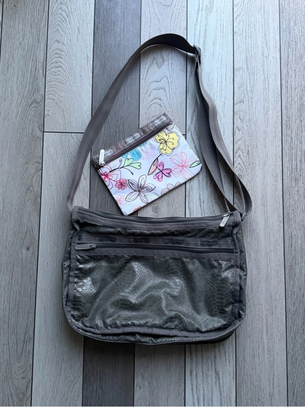 LeSportsac Gray Animal Print Crossbody Shoulder Bag with Floral Wallet